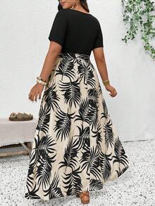 SHEIN Frenchy Đầm mùa hè cỡ lớn dành cho nữ, họa tiết nhiệt đới, phối màu, cổ tròn, xẻ tà cao, có thắt lưng. - Nhiều màu - Xem 5