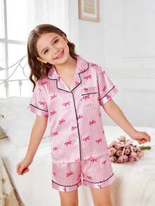 Elladie kids 女孩睡衣套装，蝴蝶结条纹仿丝拼色短袖上衣和短裤，时尚翻领休闲家居服 - 彩色 - 查看 4