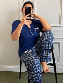 Dream Adore 大码女式休闲V领蝴蝶结印花格子裤睡衣套装，舒适家居服 - 彩色 - 查看 4