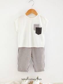 Cozy Pixies 2pcs Baby Boy Decorative Pocket Knitted Soft Round Neck Drop Shoulder Short Sleeve Top & Striped Pants Set - Multicolor - View 3