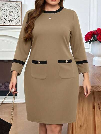 EMERY ROSE 大码女士优雅通勤休闲圆领七分袖撞色口袋黑色修身连衣裙，早春