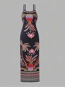 Sparklyn Vestido largo sin mangas de verano para niña, diseño divertido con estampado floral y frutal, corte ajustado con abertura lateral, look elegante, perfecto para vacaciones y sesiones de fotos. - Negro - Ver 3