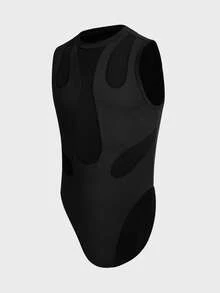FeverCity Men's Solid Color Mesh Patchwork Sexy Bodysuit - Black - View 7