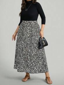 SHEIN LUNE Summer Clothes Plus Size Women's Small Leopard Print Long Skirt With Center Front Button Decoration,Summer Clothes Black And White Skirt Animal Print Skirt Midi Skirts For Women Pattern Skirt Graphic Skirt Long Summer Skirt Vacation Skirts Beach Skirt Vacation Skirts For Women Long Skirts For Women Women's Skirts Beach Skirts For Women Women Summer Skirts High Waist Skirts For Women - Black and White - View 9