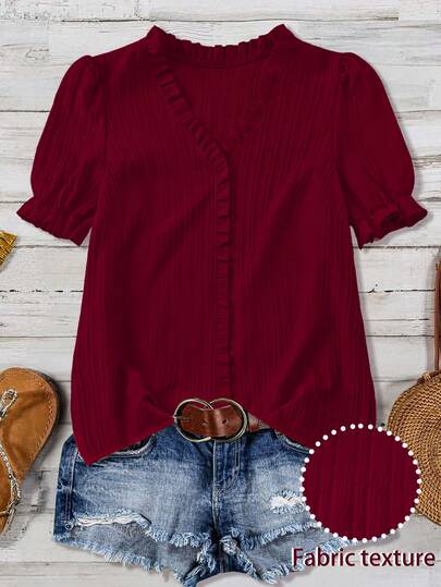 Linhara Plus Size V-Neck Frill Trim Ribbed Petal Sleeve Casual Blouse