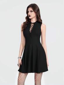 Breakform 女士哥特式性感针织罗纹面料深V系带紧身迷你连衣裙 - 黑色 - 查看 1