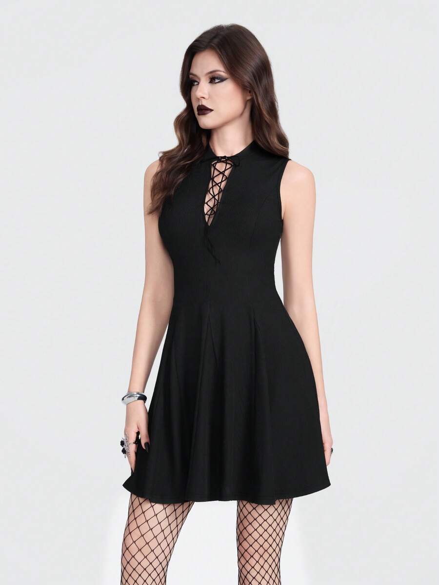 Breakform 女士哥特式性感针织罗纹面料深V系带紧身迷你连衣裙 - 黑色 - 查看 1