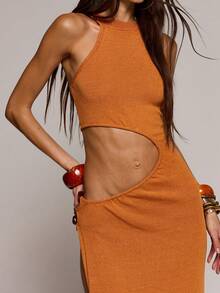 MUSERA Sequin Knit Racer Neck Cut Out Leg Split Detail Fitted Maxi Dress Spring Summer Sexy Date Night Club Festival Holiday Night Out Vacation Soul Ties - Orange - View 6