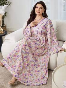 Al Najma Bata con cuello en V, adorno de encaje, cintura con lazo lateral y mangas acampanadas, para primavera/verano - Multicolor - Ver 9