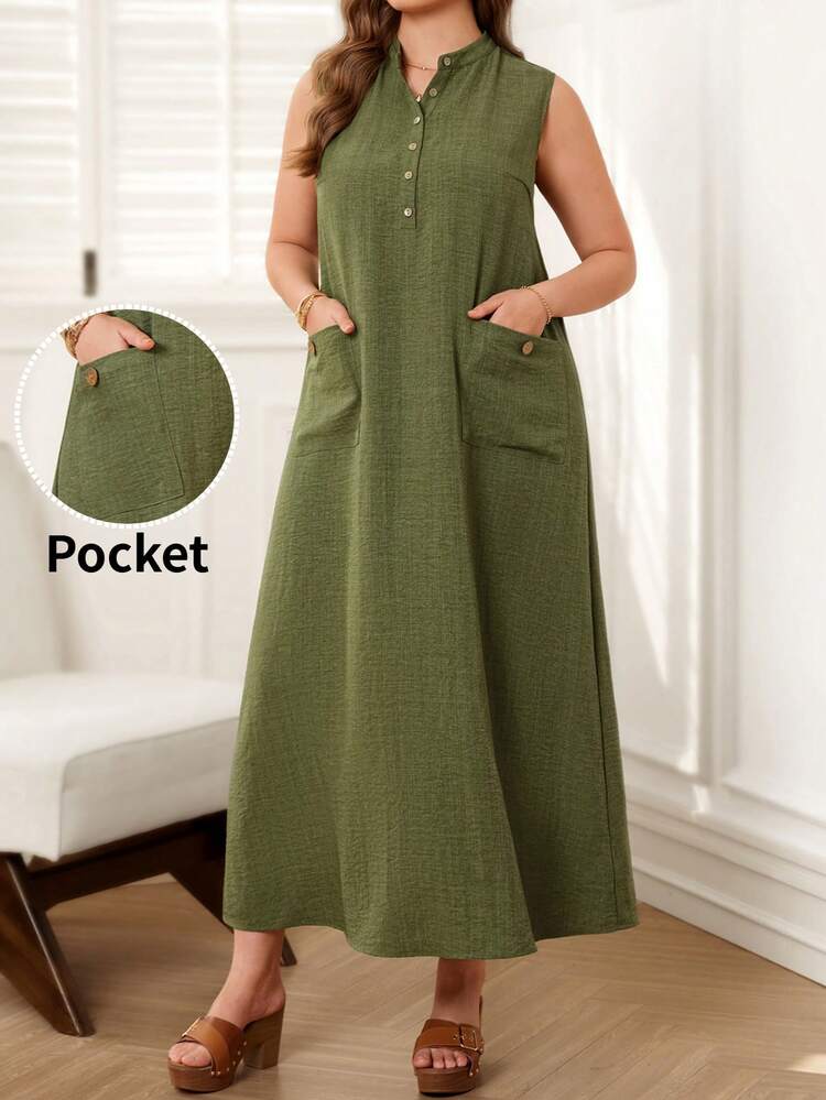 Plus Size Women Solid Color Button Half Placket Casual Sleeveless Dress Casual Long Dress Green Summer Dress Women Pocket Dress Summer Outfit For Women Beach Vacation Outfits Graduation Dress Women Linen Maxi Dress Linen Dress For Women