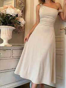 SHEIN MOD 女士优雅简约纯色不对称领口荷叶边腰身中长连衣裙，夏季 - 米色 - 查看 2