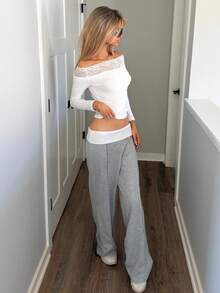 Sydney Algeri 女士冬季街头服饰外出休闲返校复古日常服饰 Y2K 罗纹针织白色翻领长裤法式灰色喇叭裤 - 灰色 - 查看 6