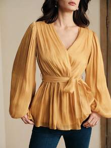 Anewsta 优雅雪纺亮面系腰灯笼袖女式衬衫 - 黃色 - 查看 4