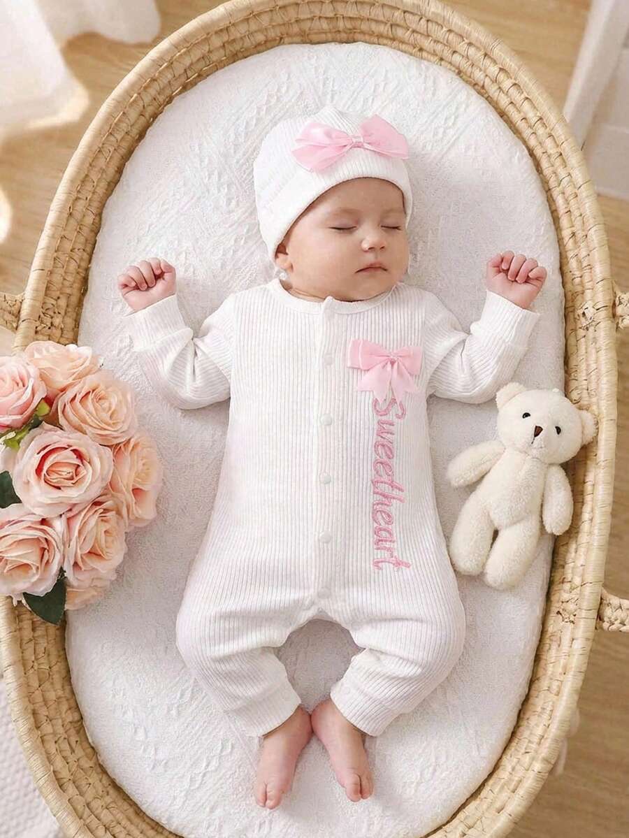 SHEIN 2Pcs Set Newborn Coming Home Outfits Baby Girl Photography Romper Embroidery Jumpsuit With Ribbon Bowknot Hat - White - View 1