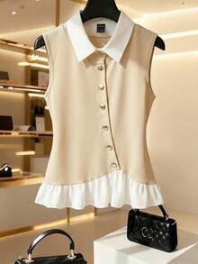 Franclia Women's Elegant Summer Office White Sequence Spliced Shirt,Work-Appropriate Layered Design Metal Button Detail Chest,Stylish Casual Spring Vacation - Multicolor - View 6