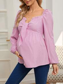 SHEIN Áo sơ mi dài tay dáng suông họa tiết sọc dành cho bà bầu, viền bèo nhún. - Hồng - Xem 5