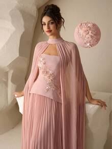Coutiva Vestido ajustado bordado de alta gama, estilo elegante de dama - Rosa - Ver 3