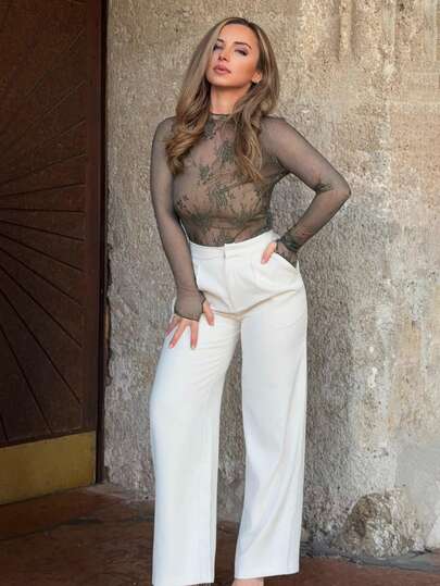 Jeta Ari 女士蕾丝透视拇指孔优雅上衣，适合节日派对穿着