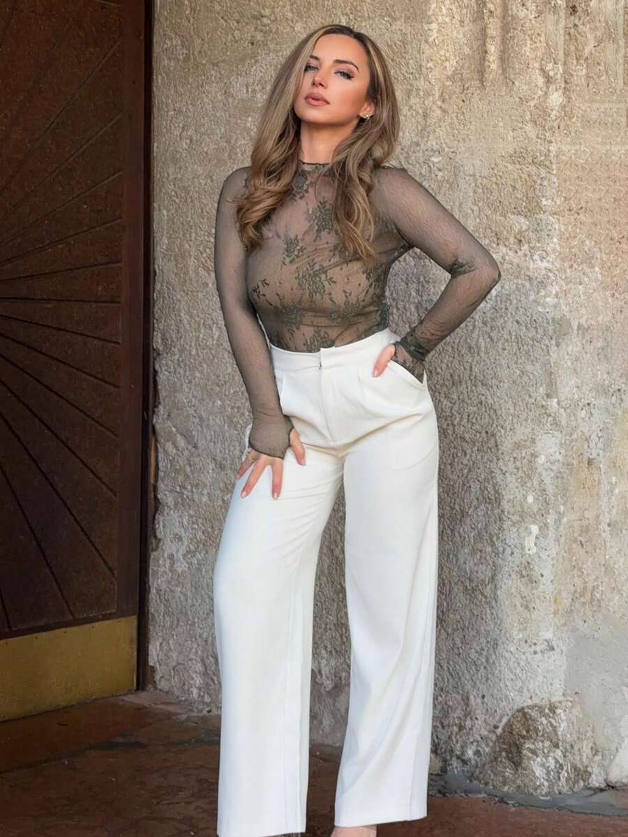 Jeta Ari 女士蕾丝透视拇指孔优雅上衣，适合节日派对穿着 - 墨綠色 - 查看 1