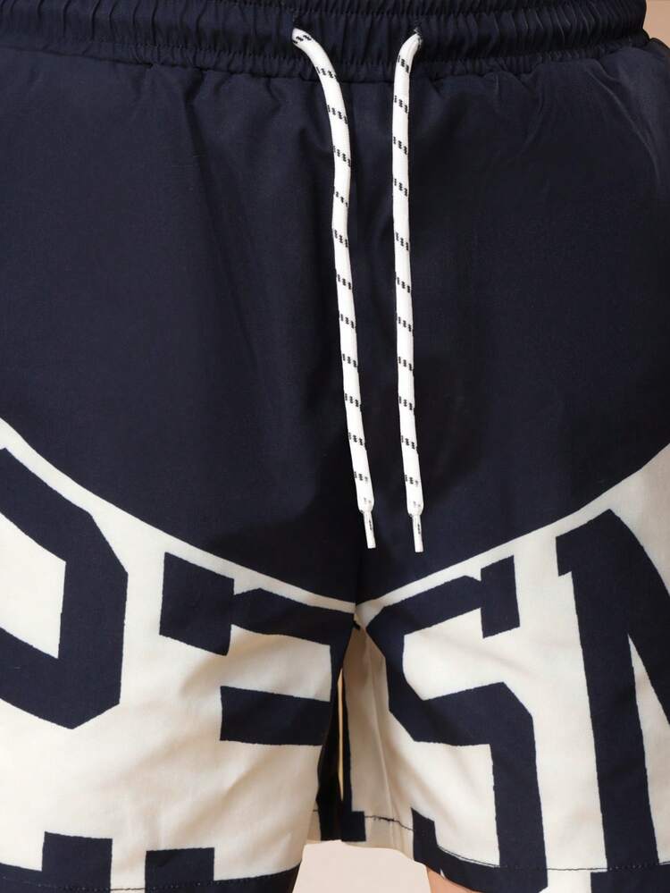 Large Letter Print Swim Shorts With Drawstring