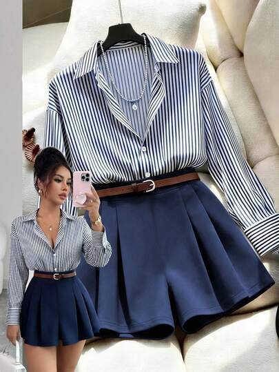 GlowEve 早春/秋季新款法式时尚休闲优雅条纹梭织面料高品质翻领开襟宽松修身衬衫+松紧腰褶皱短裤两件套，百搭日常女装