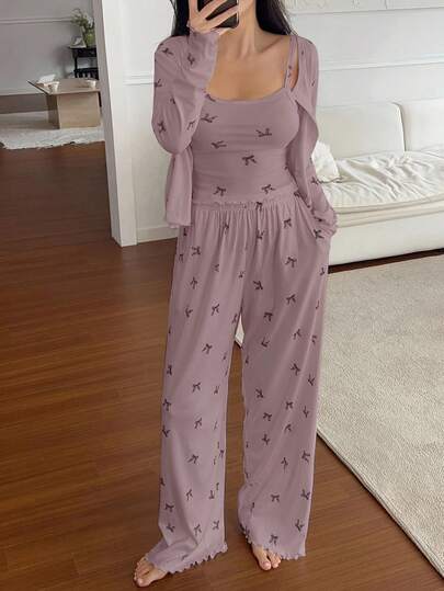 DAZY Conjunto de pijama de 3 piezas para mujer con estampado de mariposas primaverales: cárdigan, camiseta y pantalones