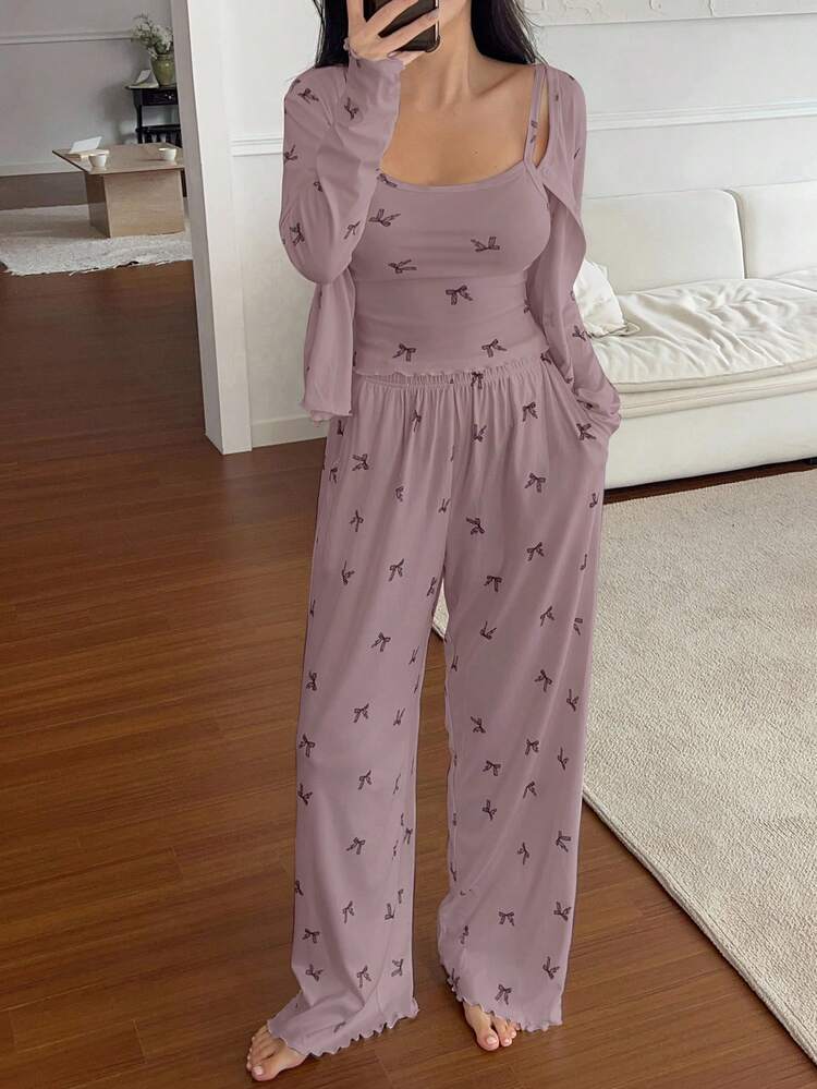 3pcs Spring Butterfly Print Cardigan, Camisole And Pants Women Pajama Set