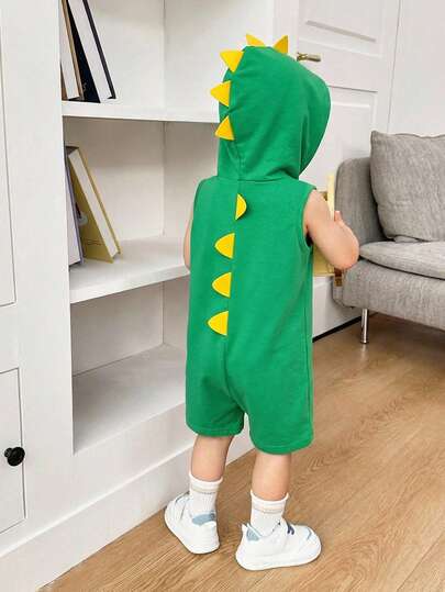 SHEIN Newborn Baby Boy/Girl Summer Cute Cartoon Dinosaur Colorblock Knit Elastic Hooded Romper