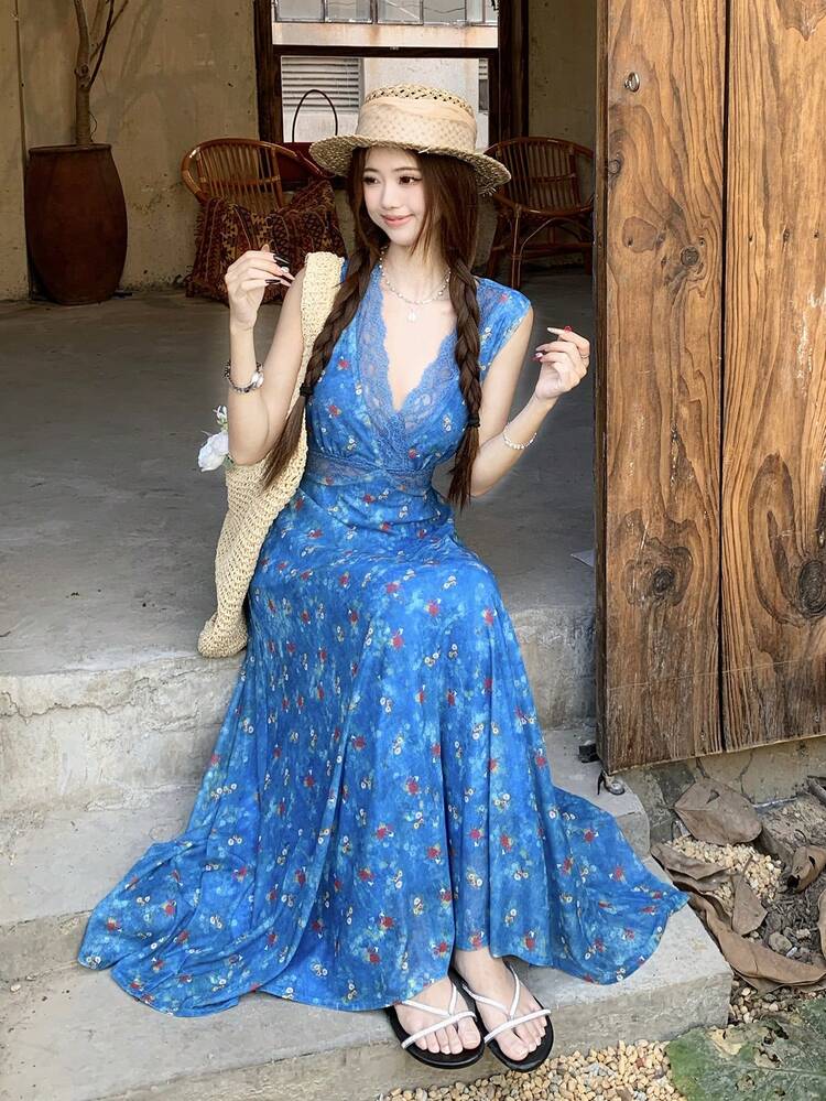 Women's Floral Lace Patchwork V-Neck Spaghetti Strap Midi Dress Boho