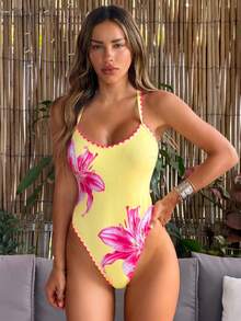 Bonvoyette Traje de baño de una pieza con corte alto y estampado de moda para mujer, para primavera/verano - Amarillo - Ver 7