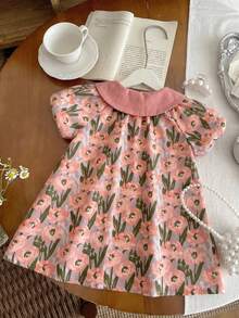 SHEIN 女婴法式甜美公主风粉色碎花泡泡袖连衣裙 - 彩色 - 查看 7