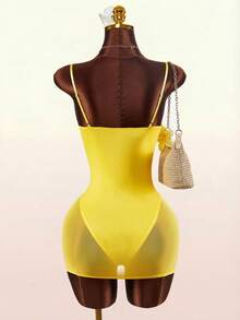 Amplova Women's See-Through Cup Detail Mini Dress, & Avant-Garde Sparkling Rhinestone Sparkly Yellow,Summer,70s,Night Out,Party Island Resort Dress - Yellow - View 8
