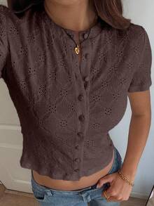 DAZY Women's Textured Plaid Round Neck Cropped T-Shirt, Brown, Fashionable Basic Tee, Long Sleeve, Suitable For Spring & Summer Y2k - Brown - View 4