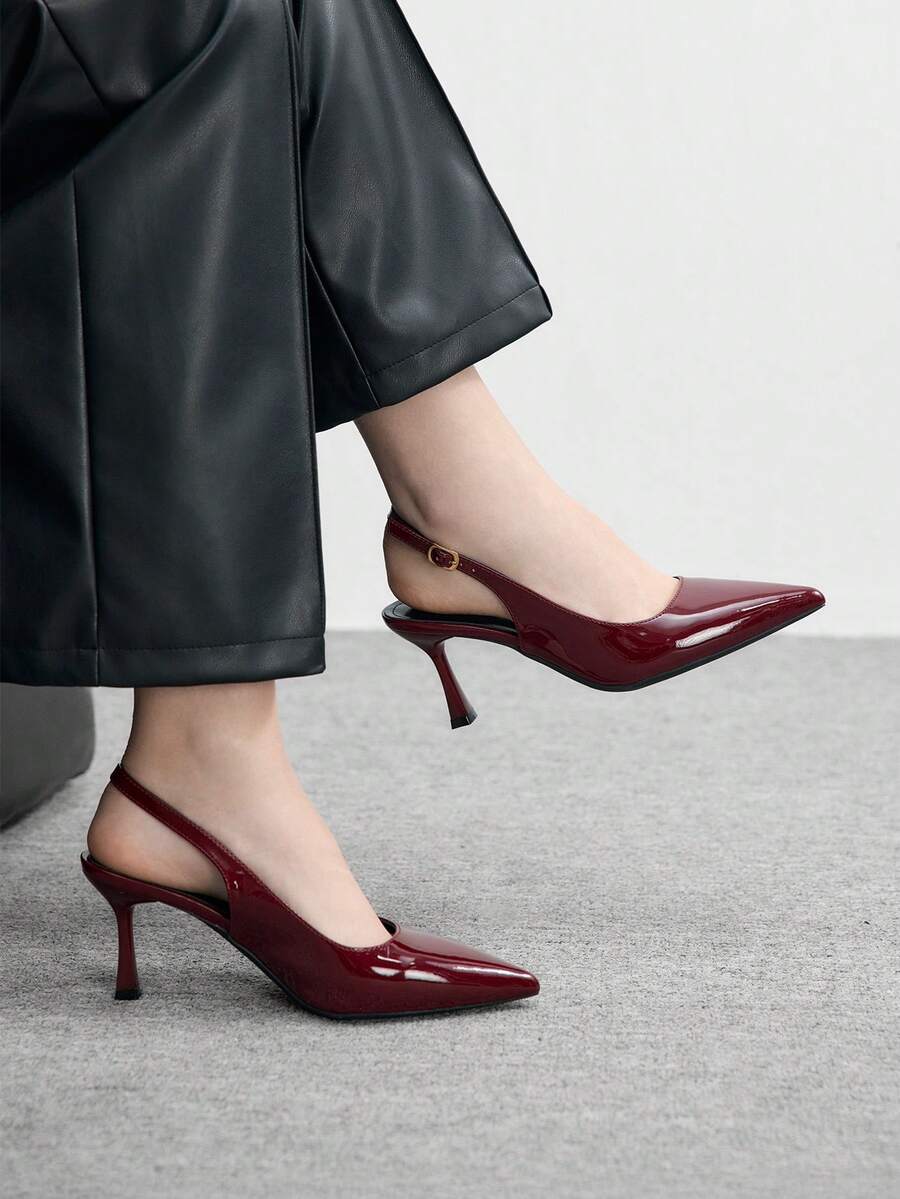 CUCCOO BIZCHIC Women's Commuting Glossy Burgundy Open-Back Square Toe Elegant Stiletto High Heels - Burgundy - View 1