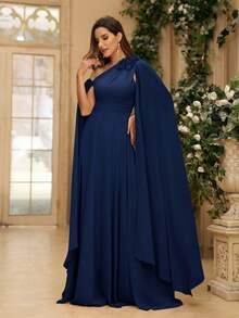 SHEIN Belle Đầm phù dâu bằng chiffon họa tiết hoa 3D, tay bồng, vai lệch, thích hợp cho nữ dự tiệc dạ hội (đính kèm họa tiết). - Màu xanh hải quân - Xem 3