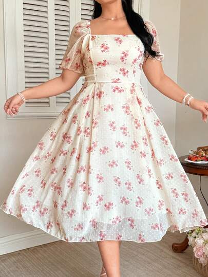 Celure Plus Size Women's Square Neck Polka Dot Cutout Print Pink Puff Sleeve Waist Cinched A-Line Long Dress, Elegant Lady Style For Dates, Spring/Summer White Vintage Dress Tea Party Dress For Women White Floral Dresses For Women