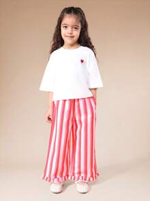 SUMWON Girls Love Print T-Shirt And Striped Wide Leg Pants Co-Ord Set With Short Sleeves And Ruffle Hem Details - Pink - View 5