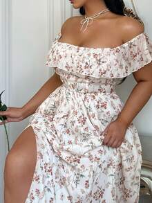 Lyrianda Plus Size Women's Beige Summer Off Shoulder Floral Print Midi Dress,Curve Elegant Wedding Guest Party Holiday Cottagecore Modest Wildflower Dress - Multicolor - View 4