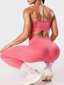 Dewbera 两件套 + 常规吊带背心 + 裤装 + 吸湿排汗面料 + 网眼设计 / 基础款 / 粉色 / 基础款 / 运动套装 / 健身 / 无缝瑜伽 - 彩色 - 查看 1