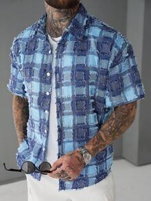 SLATEMANN Camisa de manga corta con caída de hombros y estampado de cuadros jacquard de moda para hombres - Azul - Ver 1