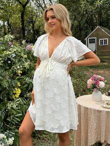 SHEIN Maternity Jacquard V-Neck Short Sleeve Dress, Summer - Apricot - View 4