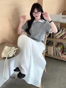 DAZY Women's Fresh Contrast Collar Polo Shirt - Grey - View 1