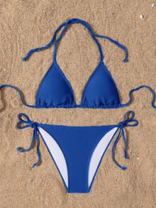 SHEIN Swim Basics 2025 纯色露背扭结开衩比基尼泳装 - 藍色 - 查看 3