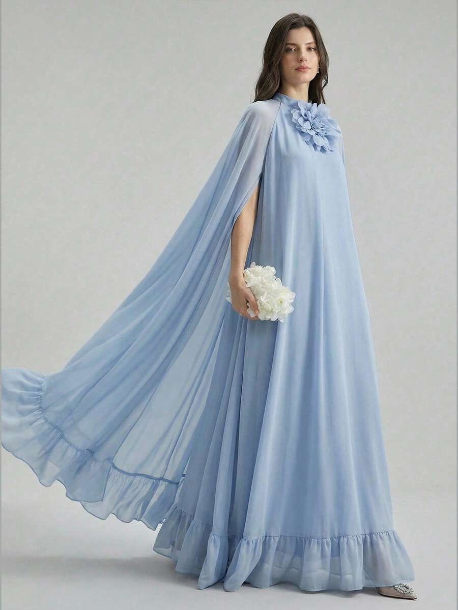 2026春夏女士纯色3D立体花卉装饰披肩式宽松优雅连衣裙 - 淺藍色 - 查看 1