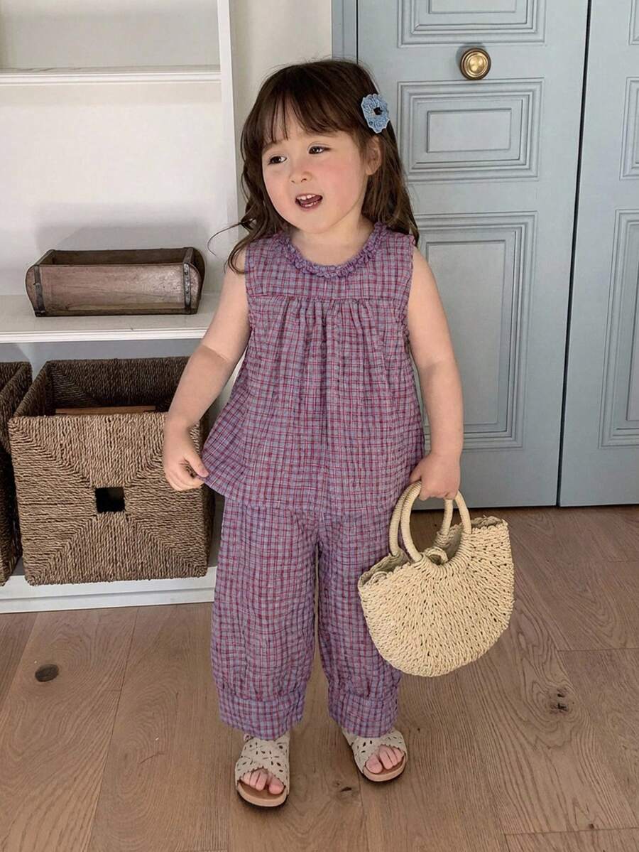 DAZY 女婴格子套装，新款夏季罩衫+休闲裤套装 - 淡紫色 - 查看 1