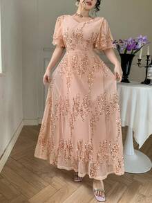 Wynsel 女士优雅亮片V领荷叶边连衣裙，夏季婚礼宾客礼服 - 粉色 - 查看 7