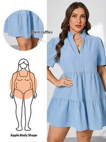 Shapeblank Plus Size Women's Light Blue Summer V-Neck Short Sleeve Dress,Smart Casual Vacation Outfits,Elegant Loose Comfortable Sun Dresses,Old Money Style - Baby Blue - View 1