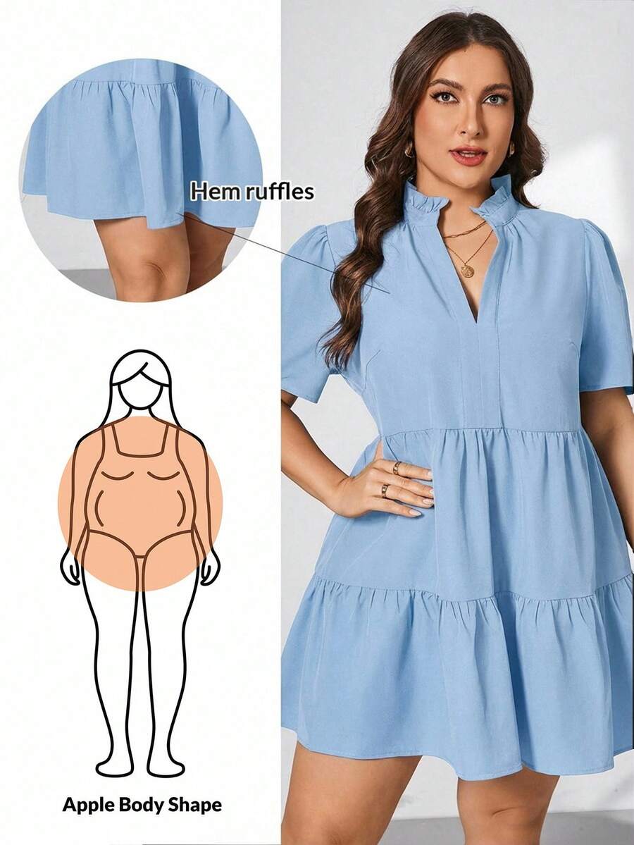 Shapeblank Plus Size Women's Light Blue Summer V-Neck Short Sleeve Dress,Smart Casual Vacation Outfits,Elegant Loose Comfortable Sun Dresses,Old Money Style - Baby Blue - View 1