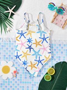 SHEIN Bộ đồ bơi liền thân in hình sao biển nhiều màu sắc dễ thương, phong cách nghỉ dưỡng tối giản thoải mái cho các bé gái, phù hợp cho kỳ nghỉ hè thư giãn, #Coconutgirl - Nhiều màu - Xem 2