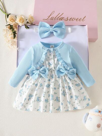 SHEIN A 2-Piece Set Of Blue Ruffled Floral Print Dress And Matching Headband For Newborn Baby Girl, Elegant, Sweet, And Cute, Suitable For Daily Outdoor Leisure Activities In Autumn